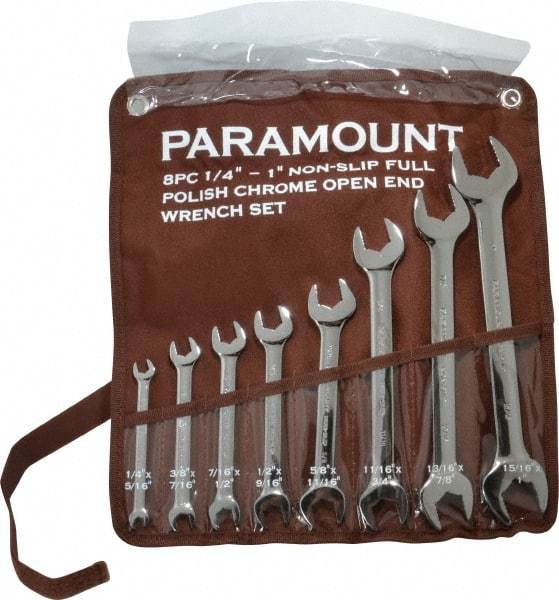 Paramount - 8 Piece, 1/4" to 1", Open End Wrench Set - Inch Measurement Standard, Full Polish Finish, Comes in Canvas Pouch - Eagle Tool & Supply