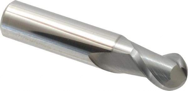 Accupro - 1/2" Diam, 5/8" LOC, 2 Flute Solid Carbide Ball End Mill - nACRo Finish, Single End, 2-1/2" OAL, 1/2" Shank Diam, Spiral Flute - Eagle Tool & Supply