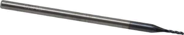 Accupro - 3/64" Diam, 0.57" LOC, 3 Flute Solid Carbide Ball End Mill - AlTiN Finish, Single End, 2-1/2" OAL, 1/8" Shank Diam, Spiral Flute - Eagle Tool & Supply