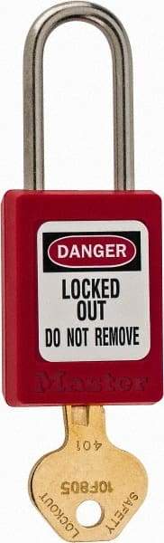 Master Lock - Keyed Different Nonconductive Lockout Padlock - 1-1/2" Shackle Clearance, 3/16" Shackle Diam, 1-7/8" Body Height x 1-3/8" Body Width, Red - Eagle Tool & Supply