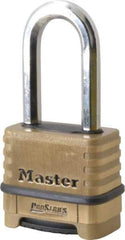 Master Lock - 2-1/4" Body Width x 2" Body Height, 2.063" Shackle Clearance, Brass Body & Boron Carbide Combination Lock - 3/8" Shackle Diam - Eagle Tool & Supply