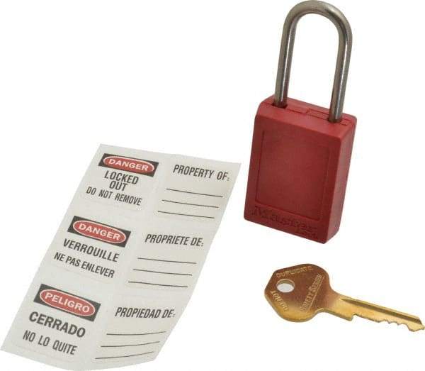 Master Lock - Keyed Different Nonconductive Lockout Padlock - 1-1/2" Shackle Clearance, 3/16" Shackle Diam, 1-7/8" Body Height x 1-3/8" Body Width, Red - Eagle Tool & Supply