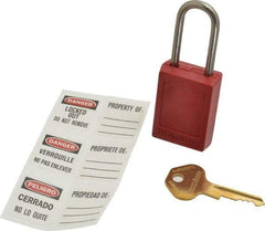 Master Lock - Keyed Different Nonconductive Lockout Padlock - 1-1/2" Shackle Clearance, 3/16" Shackle Diam, 1-7/8" Body Height x 1-3/8" Body Width, Red - Eagle Tool & Supply