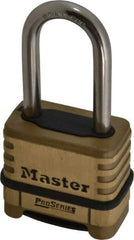 Master Lock - 2-1/4" Body Width x 2" Body Height, 2.094" Shackle Clearance, Brass Body & Stainless Steel Combination Lock - 5/16" Shackle Diam - Eagle Tool & Supply