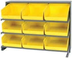 Quantum Storage - 9 Bin Store-More Sloped Shelving System - 36 Inch Overall Width x 12 Inch Overall Depth x 26-1/2 Inch Overall Height, Yellow Polypropylene Bins - Eagle Tool & Supply