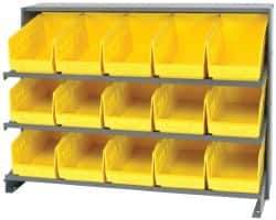 Quantum Storage - 15 Bin Store-More Sloped Shelving System - 36 Inch Overall Width x 12 Inch Overall Depth x 26-1/2 Inch Overall Height, Yellow Polypropylene Bins - Eagle Tool & Supply