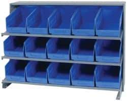 Quantum Storage - 15 Bin Store-More Sloped Shelving System - 36 Inch Overall Width x 12 Inch Overall Depth x 26-1/2 Inch Overall Height, Blue Polypropylene Bins - Eagle Tool & Supply