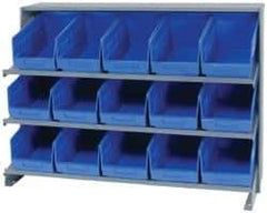 Quantum Storage - 15 Bin Store-More Sloped Shelving System - 36 Inch Overall Width x 12 Inch Overall Depth x 26-1/2 Inch Overall Height, Blue Polypropylene Bins - Eagle Tool & Supply