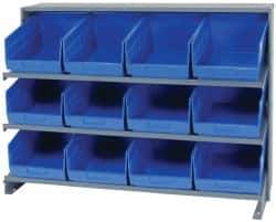 Quantum Storage - 12 Bin Store-More Sloped Shelving System - 36 Inch Overall Width x 12 Inch Overall Depth x 26-1/2 Inch Overall Height, Blue Polypropylene Bins - Eagle Tool & Supply