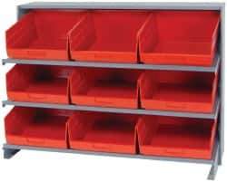 Quantum Storage - 9 Bin Store-More Sloped Shelving System - 36 Inch Overall Width x 12 Inch Overall Depth x 26-1/2 Inch Overall Height, Red Polypropylene Bins - Eagle Tool & Supply