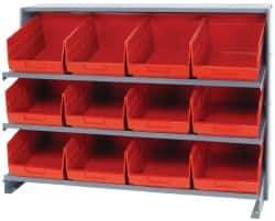Quantum Storage - 12 Bin Store-More Sloped Shelving System - 36 Inch Overall Width x 12 Inch Overall Depth x 26-1/2 Inch Overall Height, Red Polypropylene Bins - Eagle Tool & Supply