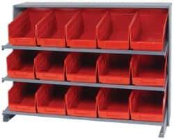 Quantum Storage - 15 Bin Store-More Sloped Shelving System - 36 Inch Overall Width x 12 Inch Overall Depth x 26-1/2 Inch Overall Height, Red Polypropylene Bins - Eagle Tool & Supply