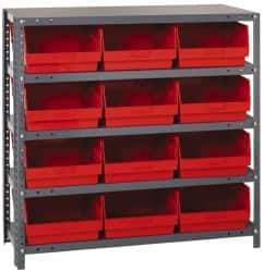 Quantum Storage - 12 Bin Store-More Shelf Bin System - 36 Inch Overall Width x 12 Inch Overall Depth x 39 Inch Overall Height, Red Polypropylene Bins - Eagle Tool & Supply