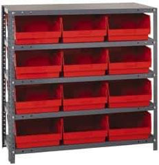 Quantum Storage - 12 Bin Store-More Shelf Bin System - 36 Inch Overall Width x 12 Inch Overall Depth x 39 Inch Overall Height, Red Polypropylene Bins - Eagle Tool & Supply