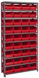 Quantum Storage - 36 Bin Store-More Shelf Bin System - 36 Inch Overall Width x 12 Inch Overall Depth x 75 Inch Overall Height, Red Polypropylene Bins - Eagle Tool & Supply