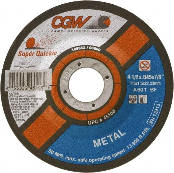 Camel Grinding Wheels - 60 Grit, 4-1/2" Wheel Diam, Type 27 Depressed Center Wheel - Medium Grade, Aluminum Oxide, Resinoid Bond, T Hardness, 13,300 Max RPM - Eagle Tool & Supply