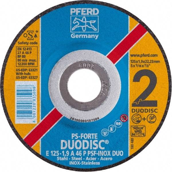 PFERD - 46 Grit, 5" Wheel Diam, 1/8" Wheel Thickness, 7/8" Arbor Hole, Type 27 Depressed Center Wheel - Aluminum Oxide - Eagle Tool & Supply