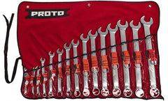 Proto - 15 Piece, 7mm to 32mm, 12 Point Tethered Combination Wrench Set - Metric Measurement Standard, Satin Chrome Finish, Comes in Nylon Roll - Eagle Tool & Supply