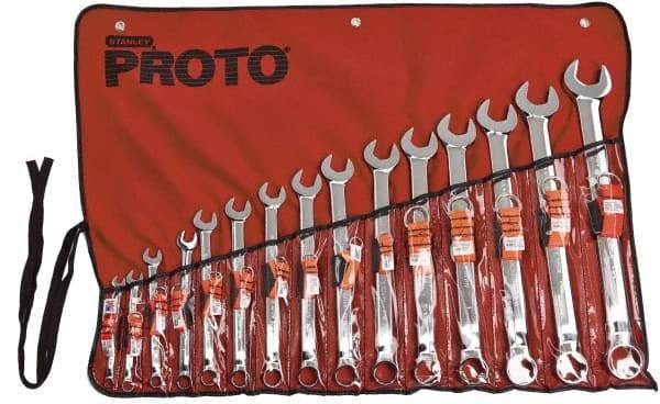 Proto - 15 Piece, 5/16" to 1-1/4", 12 Point Tethered Combination Wrench Set - Inch Measurement Standard, Satin Chrome Finish, Comes in Nylon Roll - Eagle Tool & Supply