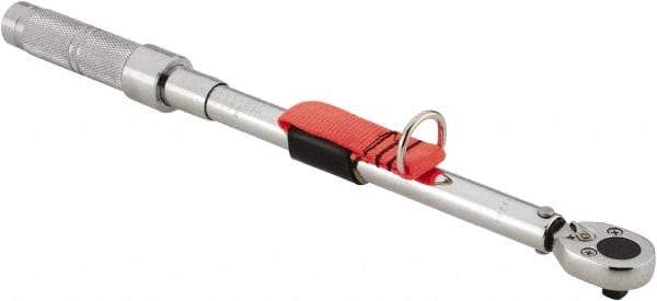 Proto - 3/8" Drive Micrometer Ratchet Head Tethered Torque Wrench - 20 Ft/Lb to 100 Ft/Lb Torque, 17" OAL, 1/2 Ft/Lb Graduation, Pear Head - Eagle Tool & Supply