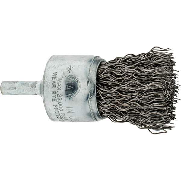 Weiler - 1" Brush Diam, Crimped, End Brush - 1/4" Diam Shank, 20,000 Max RPM - Eagle Tool & Supply