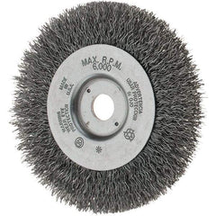 Weiler - 4" OD, 1/2" Arbor Hole, Crimped Steel Wheel Brush - 1/2" Face Width, 13/16" Trim Length, 0.014" Filament Diam, 6,000 RPM - Eagle Tool & Supply