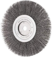 Weiler - 8" OD, 5/8" Arbor Hole, Crimped Steel Wheel Brush - 3/4" Face Width, 1-1/2" Trim Length, 0.014" Filament Diam, 4,500 RPM - Eagle Tool & Supply