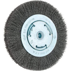 Weiler - 6" OD, 5/8" Arbor Hole, Crimped Steel Wheel Brush - 1-1/8" Face Width, 1-1/8" Trim Length, 0.014" Filament Diam, 6,000 RPM - Eagle Tool & Supply