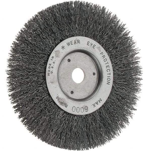 Weiler - 6" OD, 5/8" Arbor Hole, Crimped Steel Wheel Brush - 3/4" Face Width, 1-1/8" Trim Length, 0.014" Filament Diam, 6,000 RPM - Eagle Tool & Supply