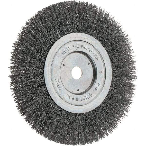 Weiler - 7" OD, 5/8" Arbor Hole, Crimped Steel Wheel Brush - 1" Face Width, 2" Trim Length, 0.014" Filament Diam, 6,000 RPM - Eagle Tool & Supply
