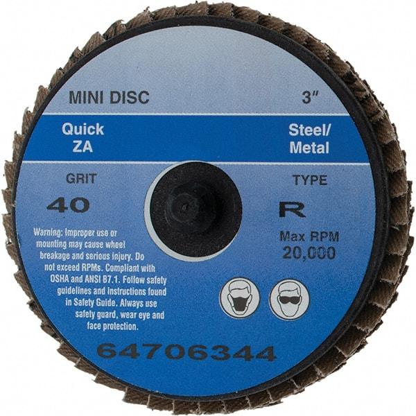 Value Collection - 40 Grit, 3" Disc Diam, Type 27 Zirconia Alumina Flap Disc - Quick Change Type R Attaching System, Coated - Eagle Tool & Supply