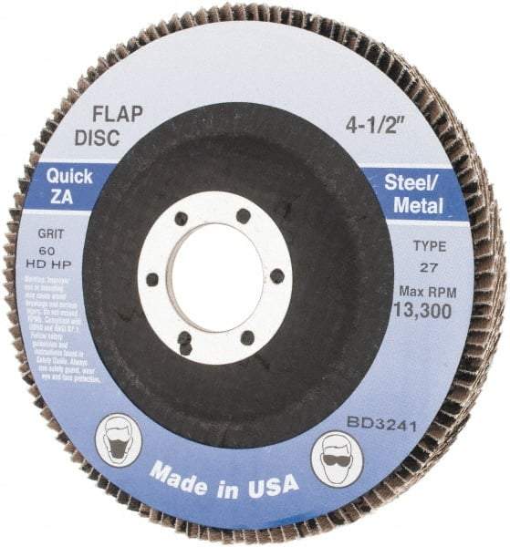 Made in USA - 60 Grit, 4-1/2" Disc Diam, 7/8" Center Hole, Type 27 Zirconia Alumina Flap Disc - Arbor Attaching System, Coated - Eagle Tool & Supply