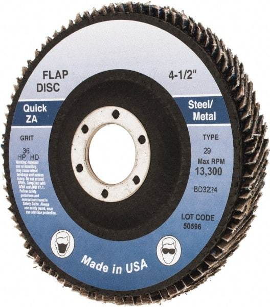 Made in USA - 36 Grit, 4-1/2" Disc Diam, 7/8" Center Hole, Type 29 Zirconia Alumina Flap Disc - Arbor Attaching System, Coated - Eagle Tool & Supply
