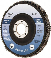 Made in USA - 36 Grit, 4-1/2" Disc Diam, 7/8" Center Hole, Type 29 Zirconia Alumina Flap Disc - Arbor Attaching System, Coated - Eagle Tool & Supply