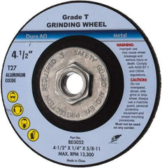 Value Collection - 24 Grit, 4-1/2" Wheel Diam, 1/4" Wheel Thickness, Type 27 Depressed Center Wheel - Aluminum Oxide, U Hardness, 13,300 Max RPM - Eagle Tool & Supply