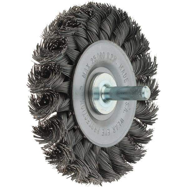 Weiler - 3" OD, 1/4" Shank Diam, Knotted Steel Wheel Brush - 3/8" Face Width, 5/8" Trim Length, 0.014" Filament Diam, 25,000 RPM - Eagle Tool & Supply
