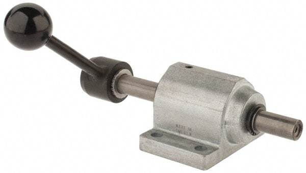 De-Sta-Co - 9,000 N Capacity, M8 Plunger, 16mm Plunger Diam, Foot Mt, One Hand, Hand Lever Actuation, Variable Stroke Straight Line Action Clamp - 60mm Max Rapid Stroke, 4mm Max Clamping Stroke, 9mm Mt Hole Diam, 90mm Overall Height, 196mm OAL - Eagle Tool & Supply