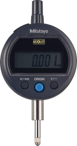 Mitutoyo - 0 to 12.7mm Range, 0.00005" Graduation, Electronic Drop Indicator - Flat Back, Accurate to 0.0001", English & Metric System, LCD Display - Eagle Tool & Supply