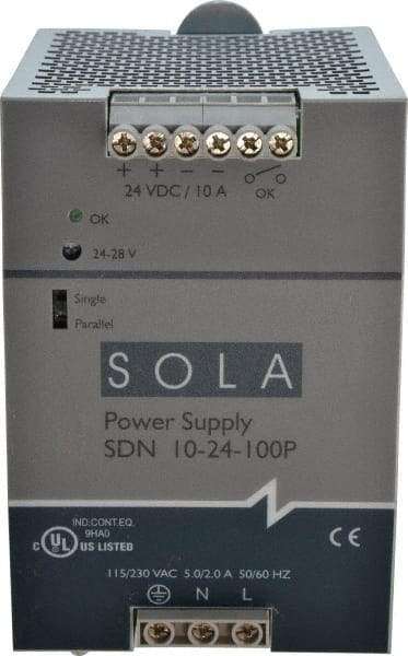 Sola/Hevi-Duty - 240 Watt, 10 Amp, 230 VAC Input, 24 VDC Output, DIN Rail Power Supply - 3.26 Inch Wide x 4.55 Inch Deep x 4.88 Inch High, Up to 88% Efficiency, 14 to 140°F, Green LED - Eagle Tool & Supply