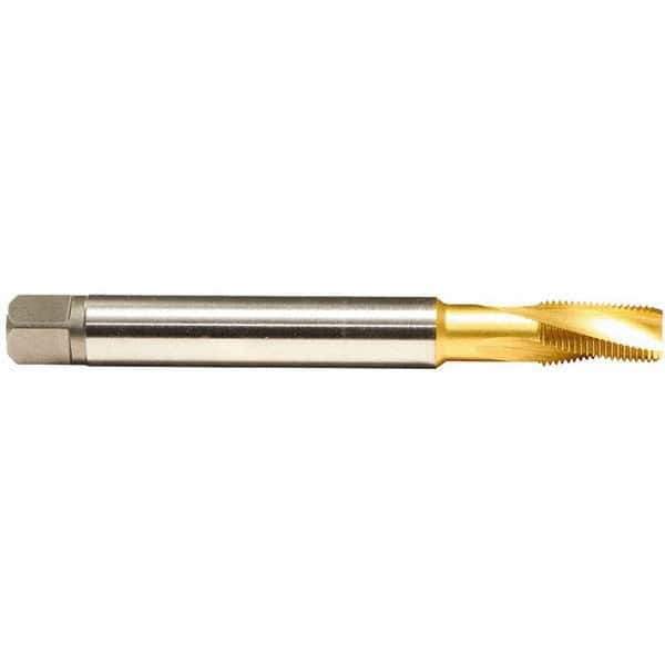 Emuge - 1/4-18 NPTF, 15° Helix, 3 Flutes, Modified Bottoming Chamfer, TiN Finish, Cobalt, Spiral Flute Pipe Tap - Right Hand Flute, 9/16" Shank Diam, 1.06" Thread Length, 0.421" Square Size, Series KEG - Eagle Tool & Supply