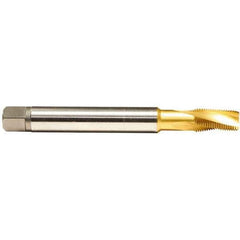 Emuge - 1/4-18 NPTF, 15° Helix, 3 Flutes, Modified Bottoming Chamfer, TiN Finish, Cobalt, Spiral Flute Pipe Tap - Right Hand Flute, 9/16" Shank Diam, 1.06" Thread Length, 0.421" Square Size, Series KEG - Eagle Tool & Supply