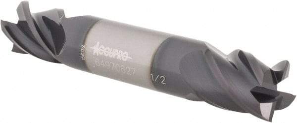 Accupro - 1/2", 5/8" LOC, 1/2" Shank Diam, 3" OAL, 4 Flute, Solid Carbide Square End Mill - Double End, AlTiN Finish, Spiral Flute, 40° Helix, Centercutting, Right Hand Cut, Right Hand Flute - Eagle Tool & Supply