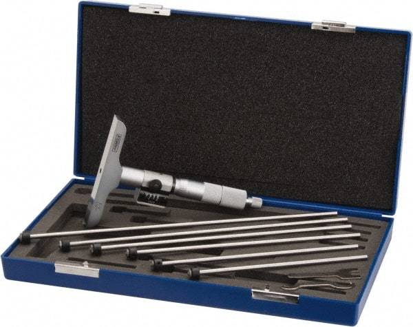 Fowler - 0 to 6" Range, 6 Rod, Satin Chrome Finish Mechanical Depth Micrometer - Ratchet Stop Thimble, 4" Base Length, 0.001" Graduation, 0.176" Rod Diam - Eagle Tool & Supply