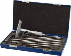 Fowler - 0 to 6" Range, 6 Rod, Satin Chrome Finish Mechanical Depth Micrometer - Ratchet Stop Thimble, 4" Base Length, 0.001" Graduation, 0.176" Rod Diam - Eagle Tool & Supply