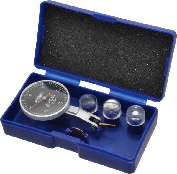 Fowler - 0.03 Inch Range, 0.0005 Inch Dial Graduation, Horizontal Dial Test Indicator - 1-1/2 Inch Black Dial, 0-15-0 Dial Reading - Eagle Tool & Supply