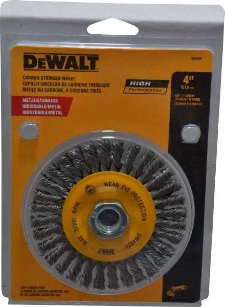DeWALT - 4" OD, 5/8-11 Arbor Hole, Knotted Steel Wheel Brush - 0.02" Filament Diam, 20,000 RPM - Eagle Tool & Supply