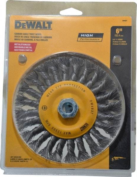 DeWALT - 6" OD, 5/8" Arbor Hole, Knotted Steel Wheel Brush - 0.025" Filament Diam, 12,500 RPM - Eagle Tool & Supply