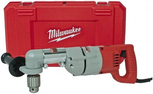 Milwaukee Tool - 1/2" Keyed Chuck, 600 RPM, D-Handle Electric Drill - 7 Amps, 120 Volts, Reversible, Includes 3/16" Socket Wrench, 9/16" Open End Wrench, RAD Assembly, Side Handle - Eagle Tool & Supply