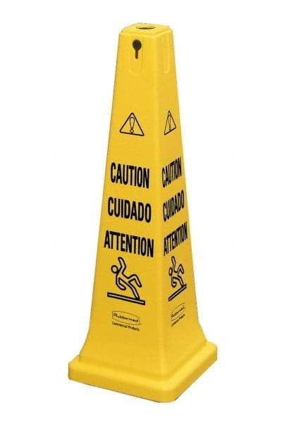 Rubbermaid - Caution, 12-1/4" Wide x 36" High, Plastic Floor Sign - Cone, Black on Yellow, For Accident Prevention - Eagle Tool & Supply