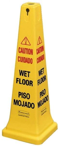 Rubbermaid - Caution - Wet Floor, 12-1/4" Wide x 36" High, Plastic Floor Sign - Cone, Black on Yellow, For Accident Prevention - Eagle Tool & Supply